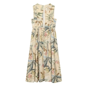 Sleeveless summer midi dress with tropical floral print and white lace trim detail