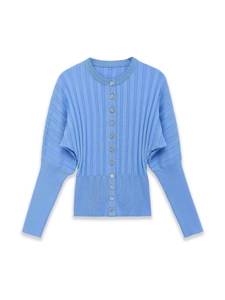 Detail of light blue knit cardigan featuring vertical ribbed texture and pleated sleeves