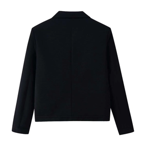 Women's chic black cropped jacket with textured stripes and stand collar rear view