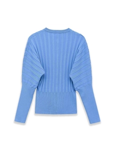 Close-up of light blue rib-knit cardigan with accordion sleeves and wide ribbed cuffs