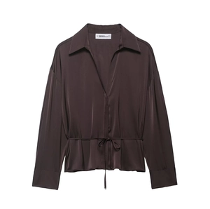 Elegant chocolate satin long sleeve shirt with V-neck and adjustable waist tie