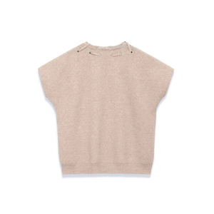Minimalist beige knit sleeveless top with shoulder strap ties and ribbed hem detailing