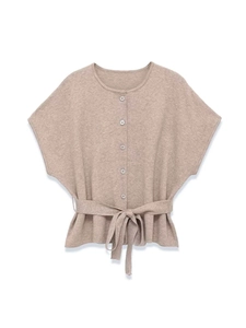 Flat lay of a beige short-sleeve knit cardigan with buttons and a waist tie-belt