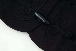 Detailed close-up of classic black toggle button and braided rope texture on the jacket