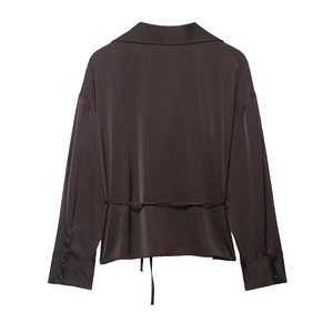 Back view of a chocolate brown satin long-sleeve shirt with adjustable waist tie