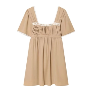 Robe Femme Col Carré Bordure en Dentelle Kaki Manches Bouffantes Rétro Français Coupe Ajustée Ligne A Robe Midi d'Été