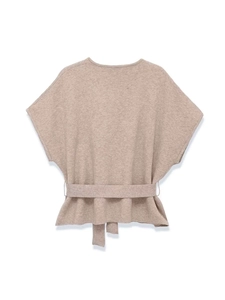 Flat lay of a beige short-sleeve knit cardigan with drop shoulders and a matching waist tie