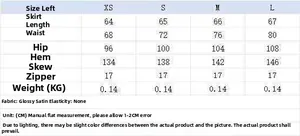 Size guide for women satin skirt showing XS to L measurements in CM for waist and hip