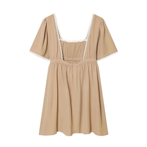 Robe d'été kaki à manches courtes avec col carré et bordures en dentelle blanche