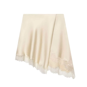 Women Elegant Satin Midi Skirt With Lace Hem Asymmetric Wrap Design Champagne Off-White Solid Color Summer Casual Fashion Skirt