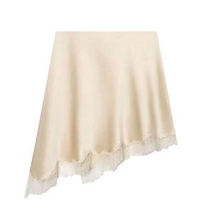 Elegant champagne satin midi skirt with asymmetric lace hem and a smooth silky finish