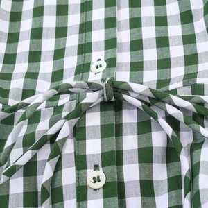 Detail of green gingham plaid dress featuring white buttons and matching waist tie belt