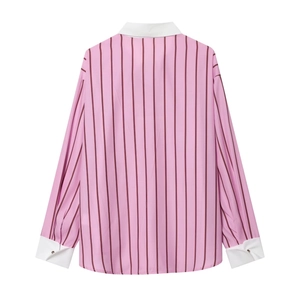 Back view of pink and burgundy striped loose shirt with contrasting white cuffs