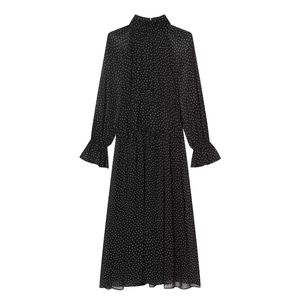 Women Elegant Polka Dot High Neck Long Sleeve Pleated Chiffon Dress Slim Fit Ruffle Cuff Retro Midi Party Dress