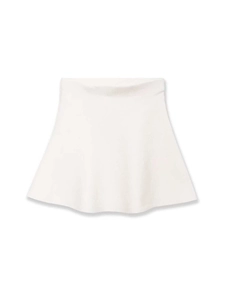 Detailed view of a white high-waist A-line mini skirt with textured knit fabric