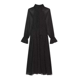 Elegant black and white polka dot chiffon midi dress with high neck and long sleeves
