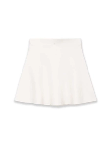 Detailed close-up of white knit A-line skirt with smooth fabric texture and soft pleats