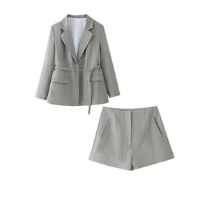 Women Casual Grey Blazer And High Waist Shorts Outfit Long Sleeve Lapel Jacket With Belt Pockets Office Lady Suit
