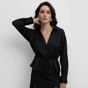 Elegant black satin long sleeve lapel shirt with waist belt and matching skirt