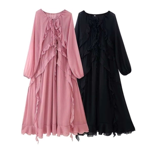 Abito Maxi Elegante in Chiffon con Volant da Donna Manica Lunga Scollo con Lacci a Strati Tinta Unita Vita Alta per Festa