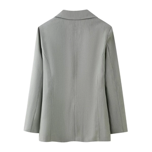 Rear view of women's gray belted blazer jacket with slim-fit cut and textured fabric
