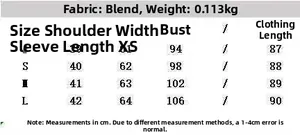 Size chart for asymmetrical top with fabric details and measurements from XS to L