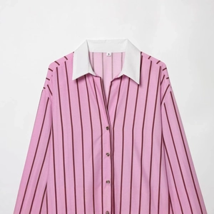 Pink striped loose shirt with white contrast collar and button-down front for women