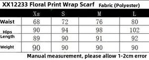 Size chart for tie-dye gradient slit skirt showing XS to L waist and hip dimensions