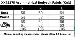 Detailed size chart for the asymmetrical knitted bodysuit featuring S, M, and L dimensions