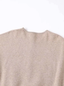 Detail view showing ribbed round neckline and heathered beige knit texture on the cardigan