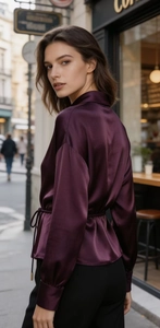 Detail of plum satin shirt fabric with silky sheen and refined button cuff closure