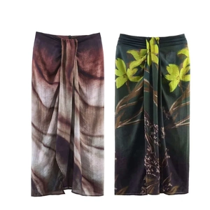 Women High Waist Slit Midi Skirt Vintage Gradient Tie Dye Floral Print Polyester Elegant Summer Vacation Long Skirt