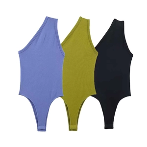 Women Sexy One Shoulder Ribbed Bodysuit Sleeveless Solid Color Slim Fit Knitted Jumpsuit Summer Fashion Sexy Tops