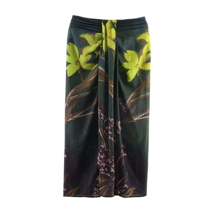Vintage dark green floral maxi skirt with yellow flower print and split hem design