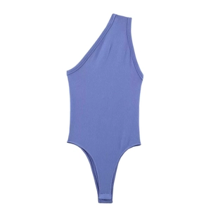 Women's blue-purple one-shoulder ribbed bodysuit with elastic fabric and snap closure