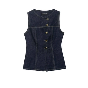 Women's Vintage Dark Blue Denim Vest Slim Fit Sleeveless Top With Irregular Gold Buttons Casual Retro Waistcoat