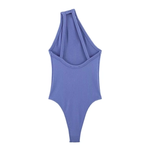 Detail of lavender ribbed knit bodysuit featuring a one-shoulder cut and high-leg design