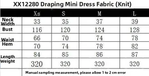 Detailed size chart for the knit boat neck mini dress with measurements for XS to L