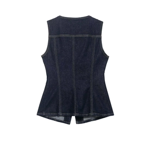 Classic dark blue slim fit denim vest for women featuring vintage back seam detailing