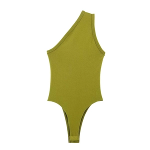 Minimalist avocado green one-shoulder ribbed bodysuit in a slim-fit sleeveless style