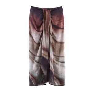 Women's vintage gradient print split midi skirt with abstract dark ink pattern
