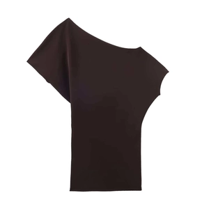 Women's dark brown one-shoulder asymmetric fitted knit top in a minimalist solid design