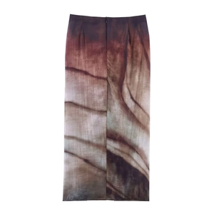 Women's summer vintage skirt with marble gradient print and slit in brown and purple