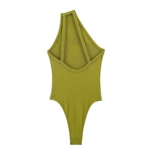 Detail view of olive green ribbed bodysuit showing one-shoulder strap and knit texture