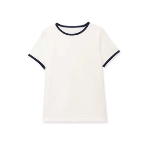 Women Casual Round Neck Short Sleeve Knit Top Contrast Binding Trim White Navy Slim Fit Summer Lightweight Sweater