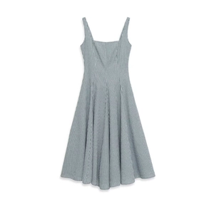 Robe Midi Femme Mode Été Gingham Col Carré Sans Manches Élégant Coupe Ajustée Polyester Trapèze Décontracté Robe d'Été