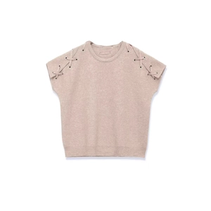 Beige sleeveless knit vest featuring chic shoulder lace-up details and ribbed hemline