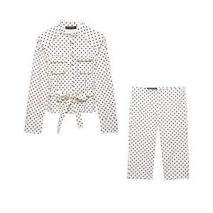 Haut à Manches Longues à Pois et Pantalon Femme Élégant Col Montant Chemise à Ceinture Pantalon Droit Tenues Décontractées