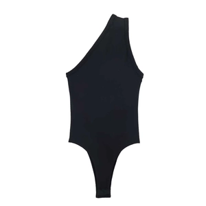 Minimalist black one-shoulder ribbed knit bodysuit for women with sleek sleeveless design
