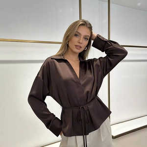 Women Elegant Satin Lapel Long Sleeve Blouse With Belt Solid Color Professional Office Casual Top Shirt For Women